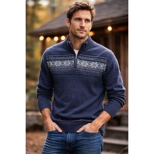 Tricots St Raphael Men's XL Fair Isle Quarter Zip Knit Sweater Blue Cabin Core